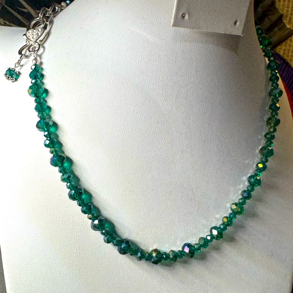 Artisan Dark Green AB Coated Faceted Glass Single Strand Necklace 18” + 2”